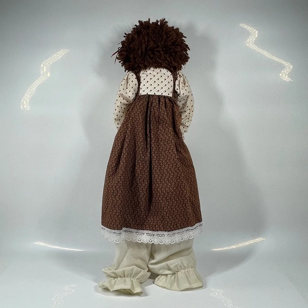 Vintage Handmade Rag Doll Brown Yarn Hair Floral Dress Lace Bloomers 29